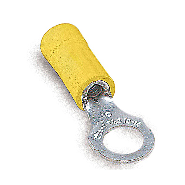 Ring Terminal, 3/8 in Stud Size, 10 AWG, 600 V, PVC Insulated, Yellow, 500 PK